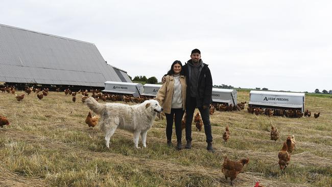 Xavier Prime with his partner, Kimberley Burridge, and their free-range chickens at Cororooke. Picture: Supplied