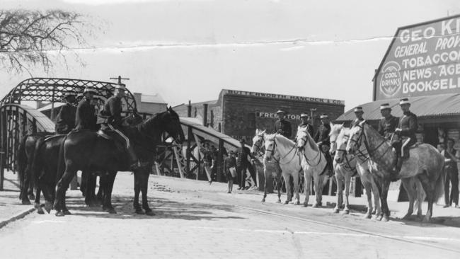 Mounted police at Robinson’s Bridge, ready for marching strikers at the Port Adelaide wharves. Whether this photo was taken after or before the riot of September 27 is unknown. Picture: State Library of South Australia