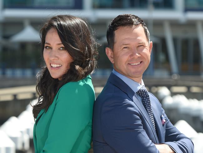 Channel 7 cricket commentator team in Melbourne: Mel McLaughlin, Ricky Ponting. Picture: Tony Gough