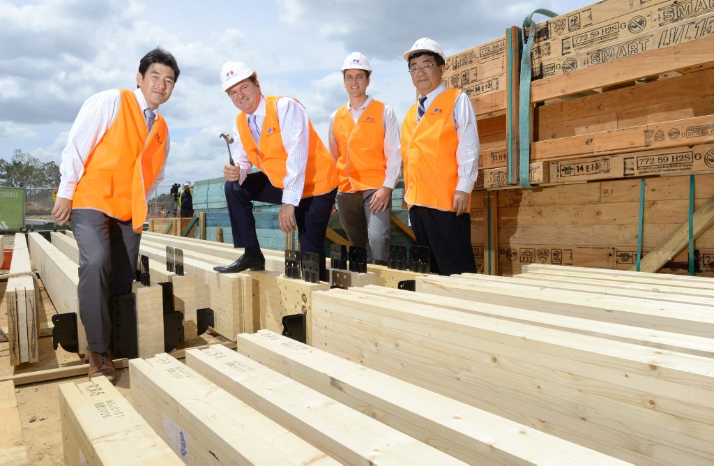 Construction has started on the first bulding in the Ripley Valley growth corridor with the Ecco Ripley Sales and Information Centre frame constructed. Sekisui House Australia general manager Hide SeguchiS, Ipswich mayor Paul Pisasale, Sekisui House Australia Develpment manager Frank Galvin and Sekisui House Construction Australia managing director Kaz Takayanagi. Photo: Rob Williams / The Queensland Times. Picture: Rob Williams