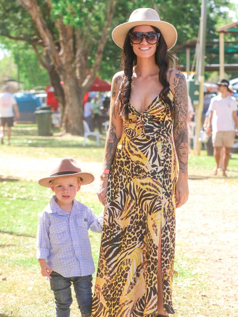 Laura Manley and her son Bronson Noriss at the 2021 Adelaide River Races. Picture: Glenn Campbell