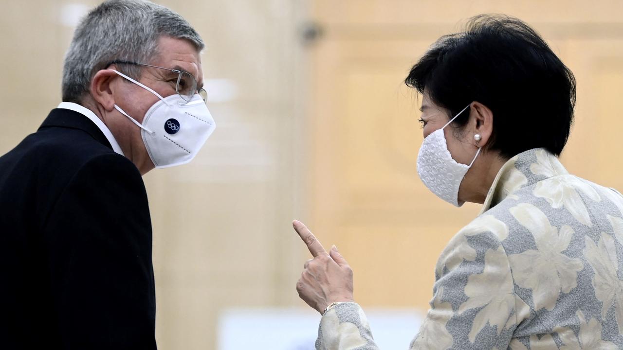 Tokyo Governor Yuriko Koike (R) chatting to International Olympic Committee (IOC) president Thomas Bach as they attend a meeting in Tokyo last November. Picture: Charly Triballeau