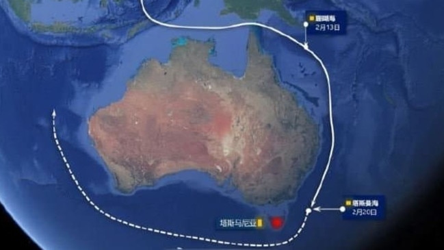 A Chinese state-controlled media representation of the track being followed by Task Group 107, the naval force involved in last week’s incident in the Tasman Sea.