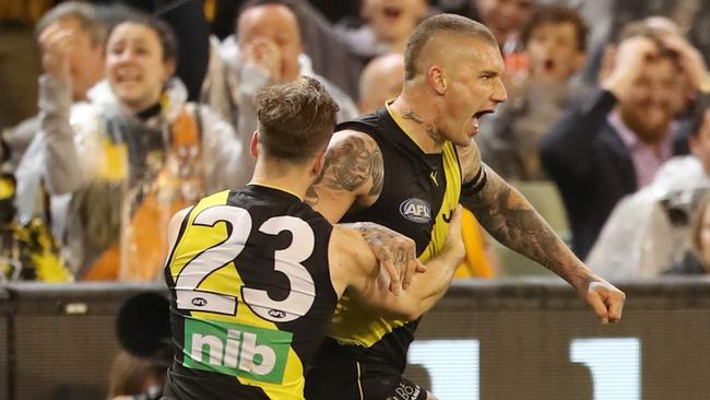 Dustin Martin celebrates his extraoridinary goal with Kane Lambert. Picture: Alex Coppel