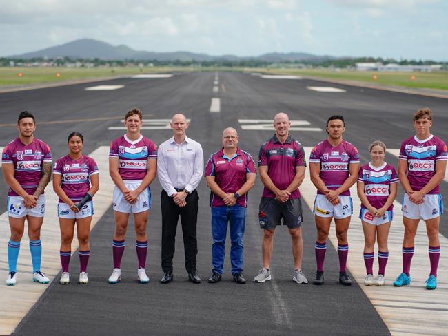 Mackay Cutters players Hiale Roycroft, Jasmine Peters, Camden Jaymes Hopes, Cutters CEO Mitch Cook, Mackay Airport operations head Adrian Miles, Cutters HostPlus Cup head coach Michael Comerford, Toby Strecker, Lara Hutchinson and Kai Simon at Mackay Airport on March 6, 2023. Photo: Contributed