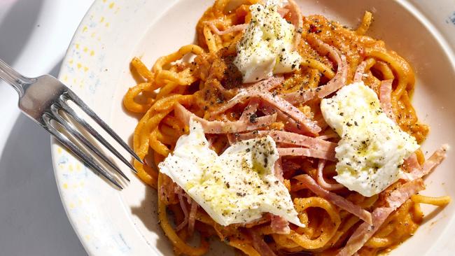 Ronnie's vodka red sauce spaghetti — with a good glug of Russian water.