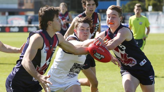 Bruhn, right, in action for Geelong Falcons in the NAB League last year. Picture: David Crosling