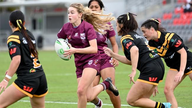 QLD player Lila Parr Girls QLD Vs WA in the ASSRL national championships in Redcliffe. Saturday July 1, 2023. Picture, John Gass