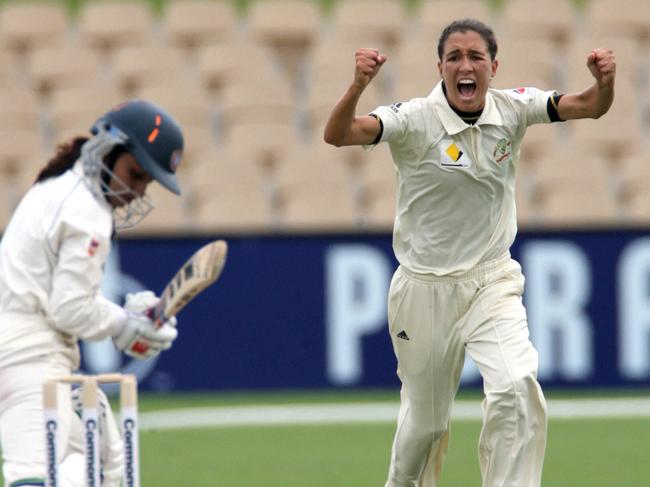 Australian cricketer Sarah Andrews after taking wicket of India’s Monica Sumra during the Test Match at Adelaide Oval in 2006.