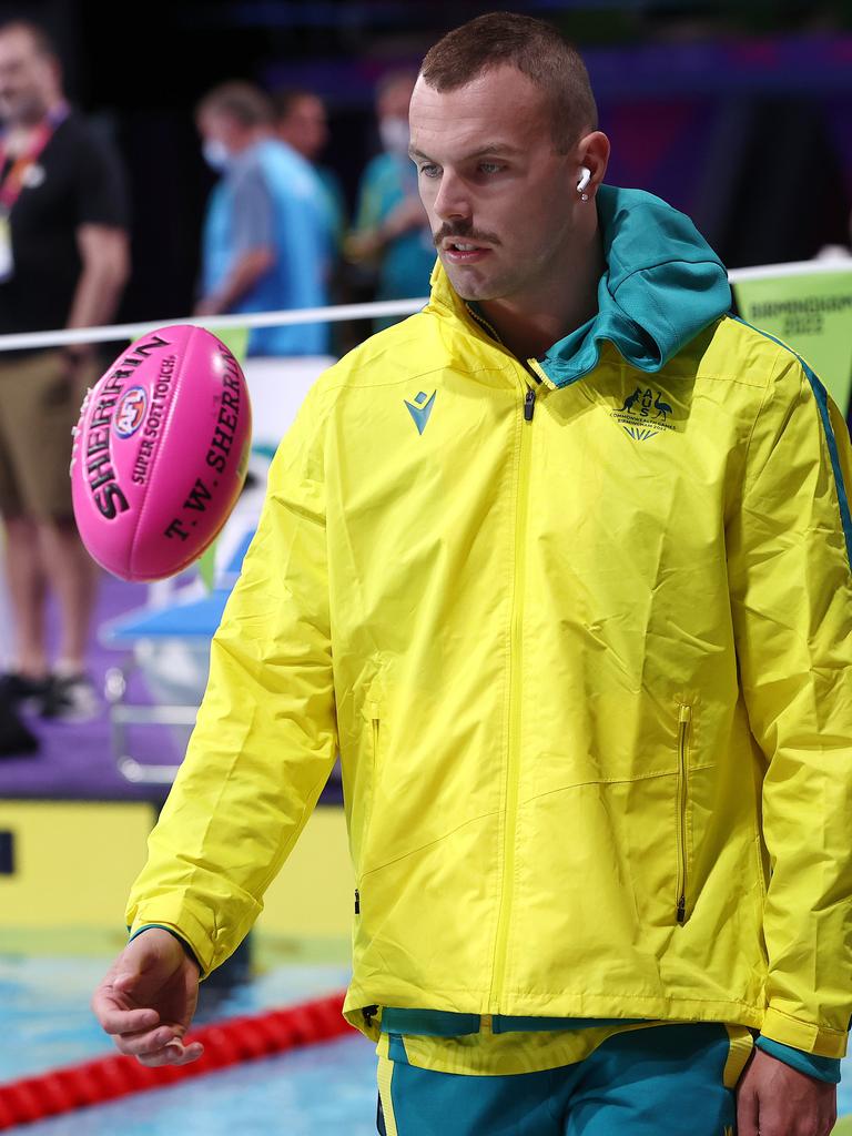 Kyle Chalmers kicks a footy on the pool deck in Birmingham. Picture: Michael Klein