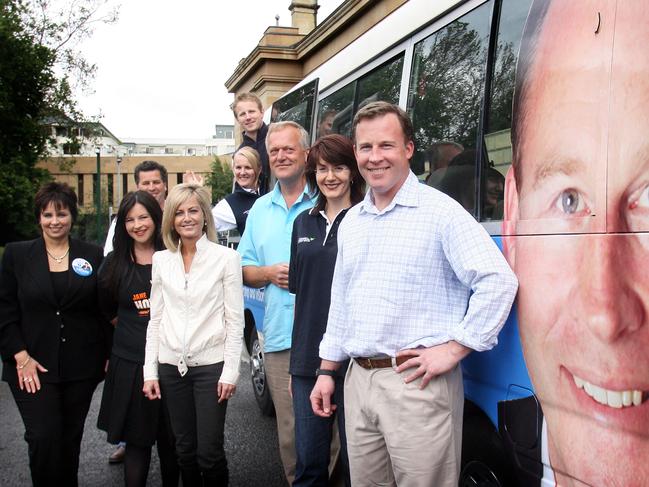 March State Election 2010, launch of the Liberal Party's bus for the election campaign, from left Liberal candidates Sue Hickey, Jane Howlett, David Compton, Elise Archer, Jillian Law, Matt Stevenson, Tony Mulder and Jacquie Petrusma, with Liberal Leader Will Hodgman