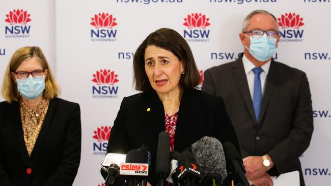 Premier Gladys Berejiklian, Minister for Health Brad Hazzard, NSW chief health officer Dr Kerry Chant at a press conference to provide an update on COVID-19 in Sydney. Picture: NCA Newswire /Gaye Gerard