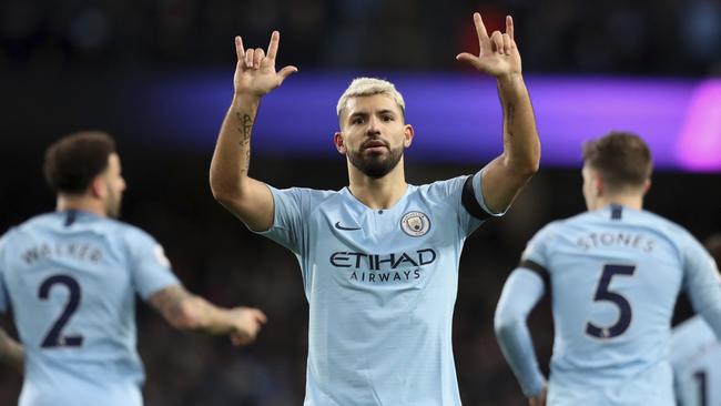 Manchester City's Sergio Aguero celebrates during his side’s big win over Chelsea. Picture: AP