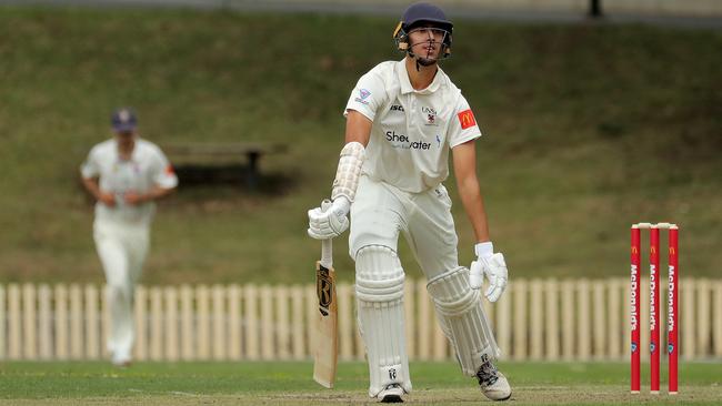 Ethan Jamieson of UNSW reacts during Round 2 of the NSW Premier Cricket at the University of Sydney Oval on October 1, 2022. (Photo by Jeremy Ng / Newscorp)