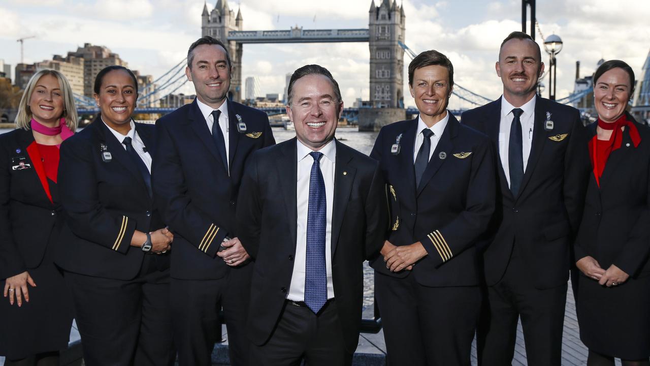 Qantas Group CEO Alan Joyce with cabin crew ahead of the London to Sydney flight. Picture: Hollie Adams/News Corp Australia