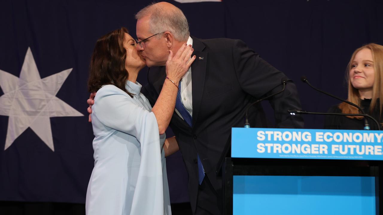 Jenny Morrison raised eyebrows in a duck-egg blue Carla Zampatti number during her husband’s concession speech. Picture: Jason Edwards