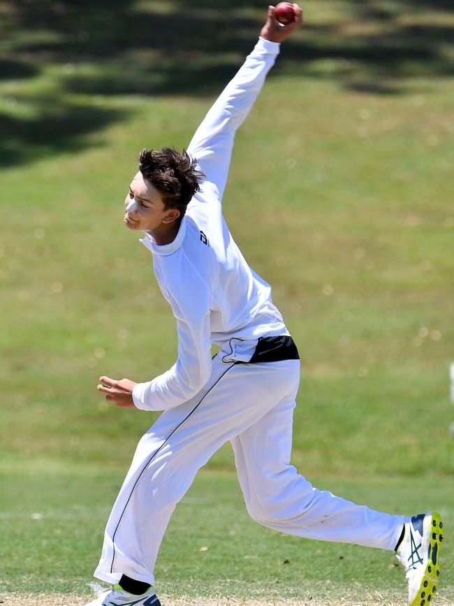 St Laurence's College bowler Xavier Santos AIC First XI cricket match between Iona College and St Laurence's College. Saturday February 19, 2022. Picture, John Gass