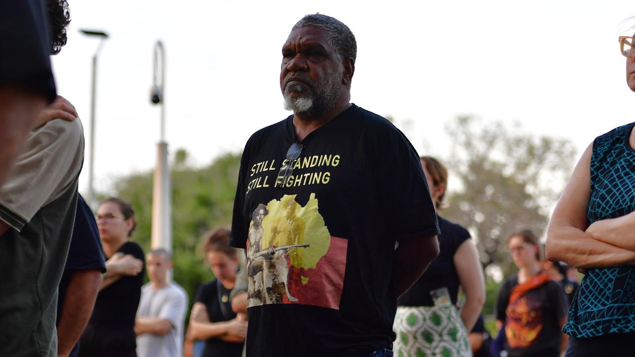 Hundreds of Top End residents gathered outside the NT Parliament on Wednesday during a vigil for Kumanjayi White, a 24-year-old Warlpiri man with a disability who died after being restrained by police in the Alice Springs Coles. Picture: Zizi Averill