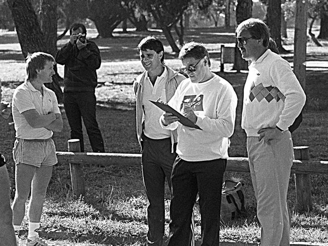 Stephen Wells, Gary Fletcher, Les Bailey, Malcolm Blight (L to R) at pre-season training in November 1988. Picture: Geelong Advertiser and Bob Gartland Collection