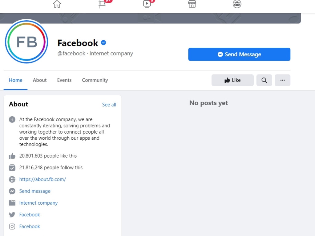 Facebook has wiped its own page. Picture: Facebook