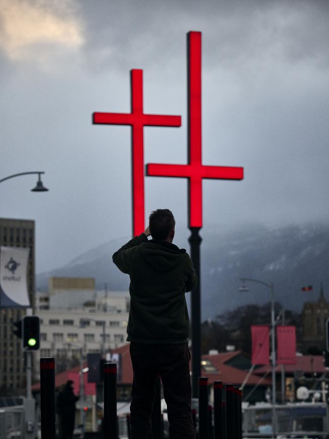 Dark Mofo crosses at Salamanca waterfront during the 2022 festival. Picture: DarkLab