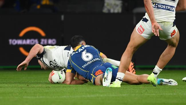 Dylan Brown produced one of the tries of the year, coming out of nowhere to stop Chad Townsend just metres out from the try-line. Picture: NRL Imagery.