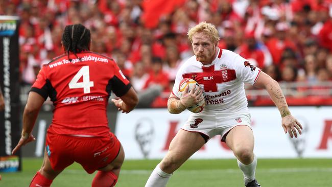 James Graham on the attack against Tonga... next week he takes on former Bulldogs teammate Dave Klemmer.