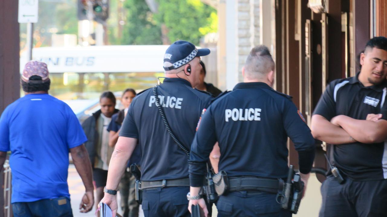 Police on the beat in Alice Springs hours after Northern Territory Police Commissioner Michael Murphy enacted a 72-hour snap 10pm-6am curfew. Pictures: Gera Kazakov