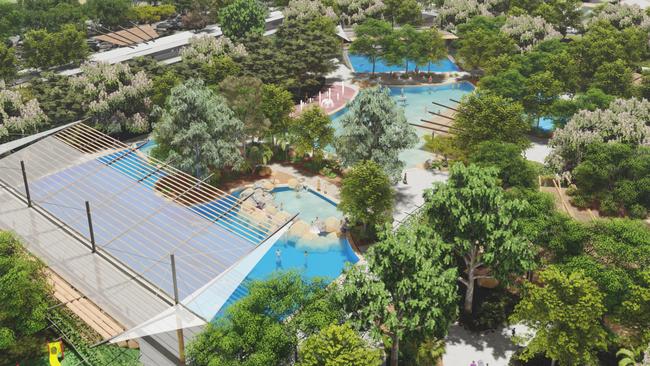 An artist’s impression of the $25 million upgrades planned for Casuarina Pool, which will include a play area and will be designed with a shaded and tropical setting. Picture: Supplied