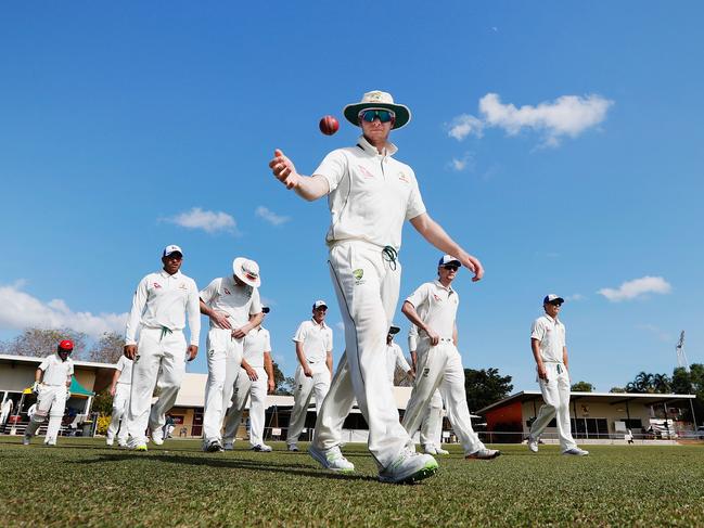 Steve Smith leads the Australian team out during an inter-squad match at Marrara in August, 2017 in Darwin.  Picture: Michael Dodge/Getty Images.