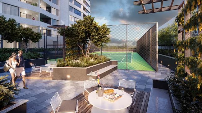 A tennis court, to be a feature at Coorparoo Square, is one of the resident facilities enticing residents out of houses and into apartments.