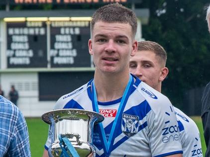 Mitchell Woods with the Harold Matthews Cup. NSWRL Junior Reps grand final day, Leichhardt Oval, Saturday 29 April 2023, Harold Matthews Cup, Canterbury Bulldogs vs Newcastle Knights. Picture: Thomas Lisson