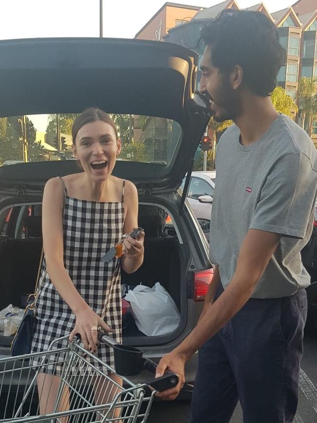 Hollywood star Dev Patel and girlfriend Tilda Cobham-Hervey in the carpark at Frewville Foodland. Picture: Supplied.