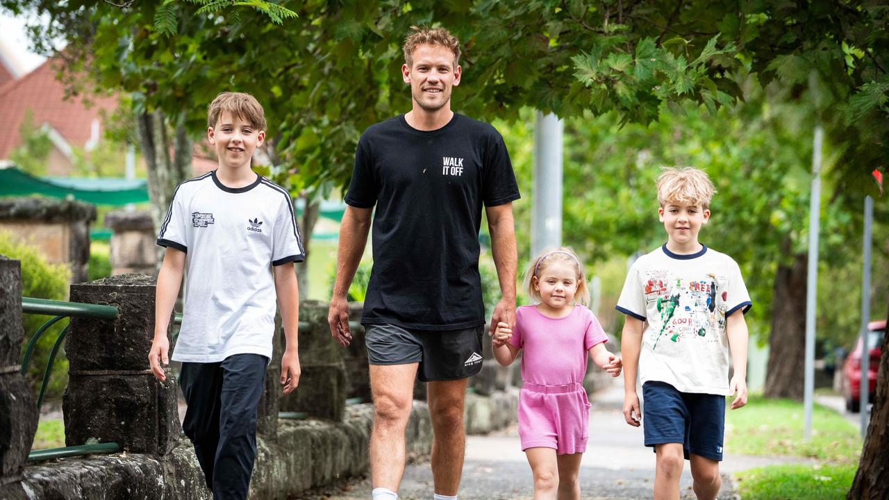 Walk It Off walking group founder Phil Dixon with his niece and nephews Jasper, Ayla and Emil Weidner. Photo: Tom Parrish