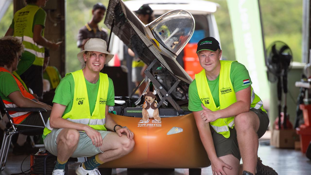 Jakob de Boer and Nieck Van Dijk from Top Dutch Solar Racing at the 2023 Bridgestone World Solar Challenge, Hidden Valley Raceway, Saturday, October 21, 2023. Picture: Pema Tamang Pakhrin.