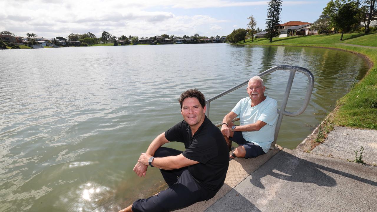 Lake Hugh Muntz is open again after close to a year of being shut due to red algae levels. Cr Nick Marshall (black shirt) with local lake activist John McManus happy with the lake. Picture Glenn Hampson