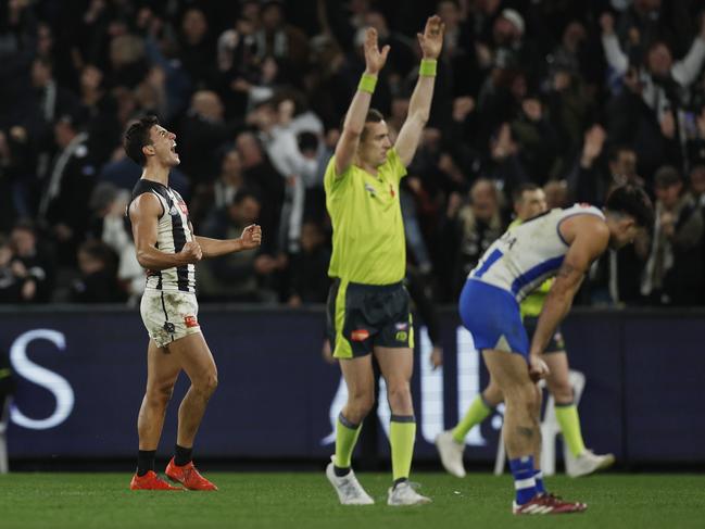 MELBOURNE, AUSTRALIAÃ June 16, 2024.  AFL Round 14. North Melbourne vs Collingwood at Marvel Stadium.   Nick Daicos of the Magpies celebrates as the final siren sounds and the Magpies win by 1 point      . Pic: Michael Klein