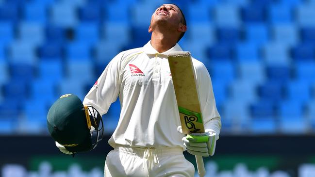 Usman Khawaja celebrates his century during day five of the Test against Pakistan. Picture: AFP