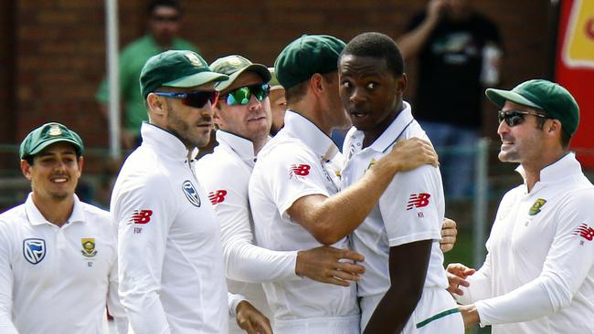 South Africa's bowler Kagiso Rabada, second right, celebrates after dismissing Australia’s Shaun Marsh. Photo: AP