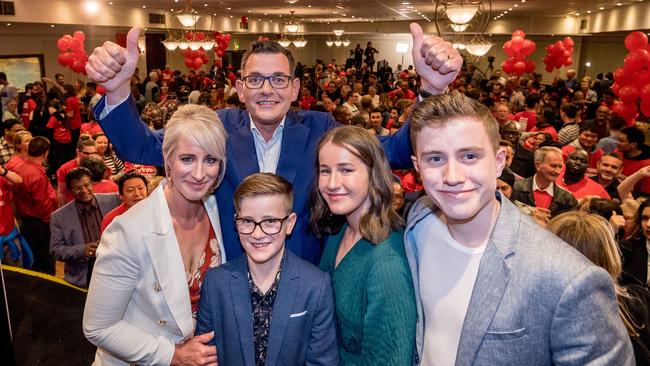 Labor supporters celebrate at the party’s election headquarters in Mulgrave with Premier Daniel Andrews, his wife Catherine and children Grace, Joseph and Noah. Picture: Jake Nowakowski