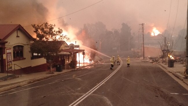 Seven buildings were destroyed when fire tore through the centre of Cobargo on Tuesday morning. Picture: Neil Crawley