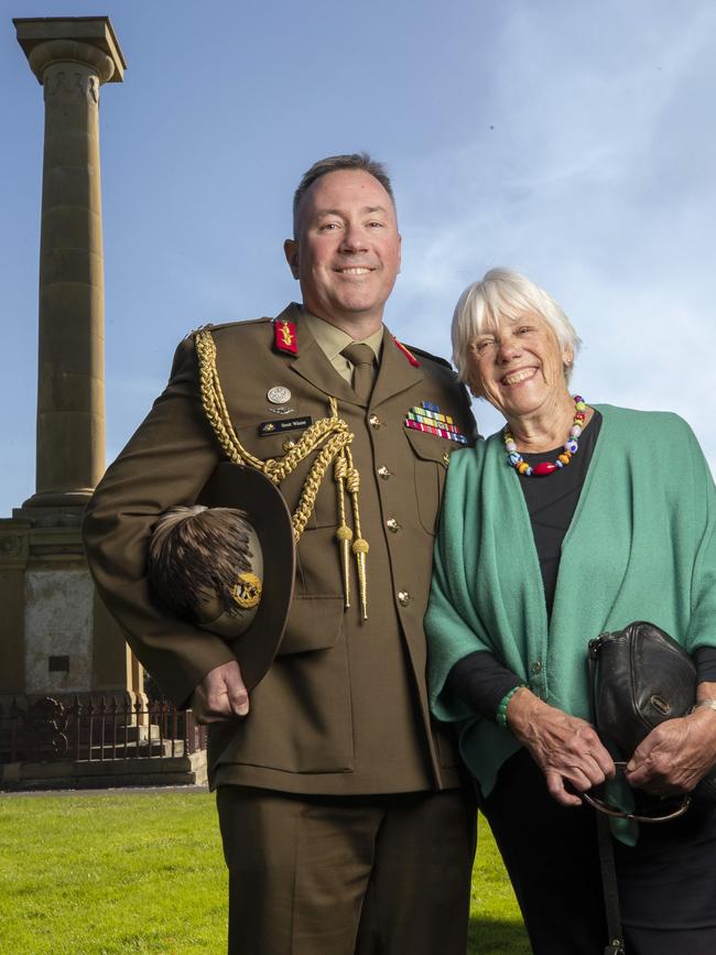 Major General Scott Winter and his mum Maria Koenhein at the memorial garden within Anglesea Barracks, Hobart. Picture: Chris Kidd