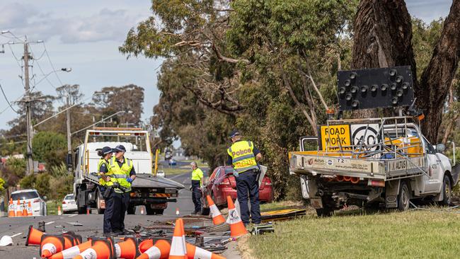 Police at the scene of the fatal crash in Carrum Downs. Picture: Jason Edwards