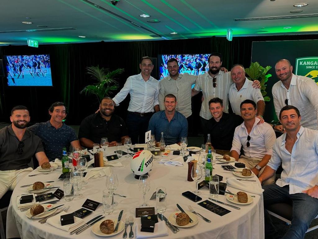 A number of former Kangaroos gathered for a reunion in Sydney this week (left to right) Josh Mansour, Johnathan Thurston, Sam Thaiday, Cameron Smith, Matt King, Wade Graham, Aaron Woods, Cooper Cronk, Max Krilich, Craig Wing, Boyd Cordner and Anthony Minichiello. Credit: Instagram.