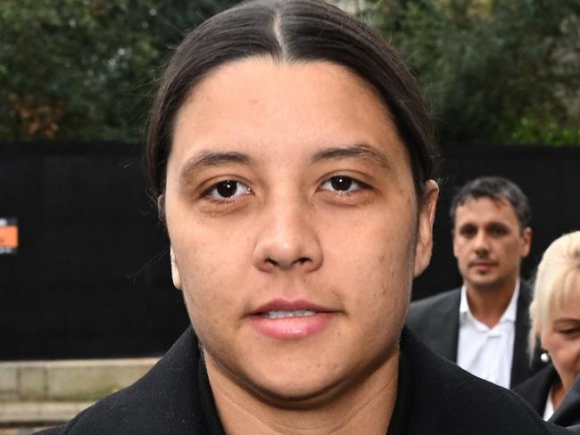 KINGSTON UPON THAMES, ENGLAND - FEBRUARY 3: Australian footballer Sam Kerr arrives outside the Crown Court ahead of her trial for a racial harassment case on February 3, 2025 in Kingston upon Thames, England. The Matildas star, who also plays professionally for Chelsea in the Women's Super League, is facing charges of "racially aggravated harassment" of a police officer related to an incident in Twickenham on January 30, 2023.  (Photo by Leon Neal/Getty Images)