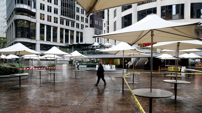 The deserted CBD of a wet and windy Sydney on Wednesday afternoon as the lockdown drags on. Picture: NCA NewsWire/Nikki Short