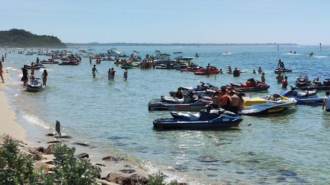 Up to 100 jet skis congregate at Rye front beach on warm days. Picture: Mechelle Cheers