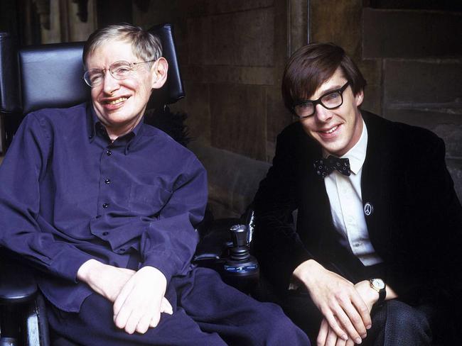 Cosmologist Stephen Hawking (L) with actor Benedict Cumberbatch, who plays Stephen in the TV documentary ‘Hawking’ which focuses in his early life as a PhD student at Cambridge in 1963. Picture: Supplied
