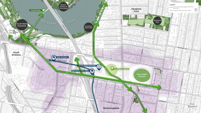 The revitalisation of Woolloongabba will include an active travel corridor to South Bank and the CBD, with the rebuilt Gabba stadium to anchor a major urban renewal project connecting Cross River Rail and the Brisbane Metro. Graphic: File