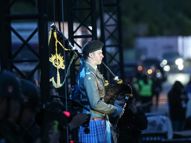 Bagpipes were played as people laid wreaths at the Anzac Dawn service at Anzac Cove in Canakkale, Turkiye. Picture: Getty Images